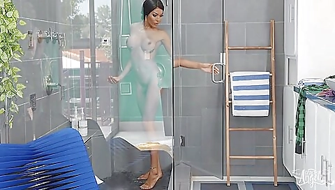 Ebony shemale with a tattooed ass gets her pussy pounded