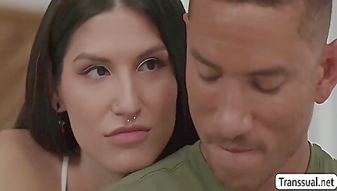 Thick brunette shemale with a huge ass gets fucked by a guy