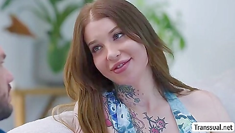 Horny shemale with a tattooed ass gets fucked hard