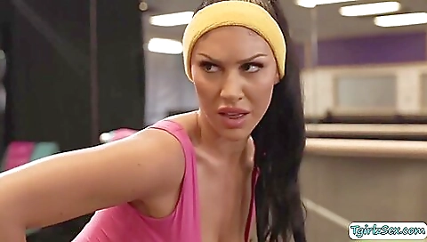 Yoga workout for hot and busty brunette in bikinis